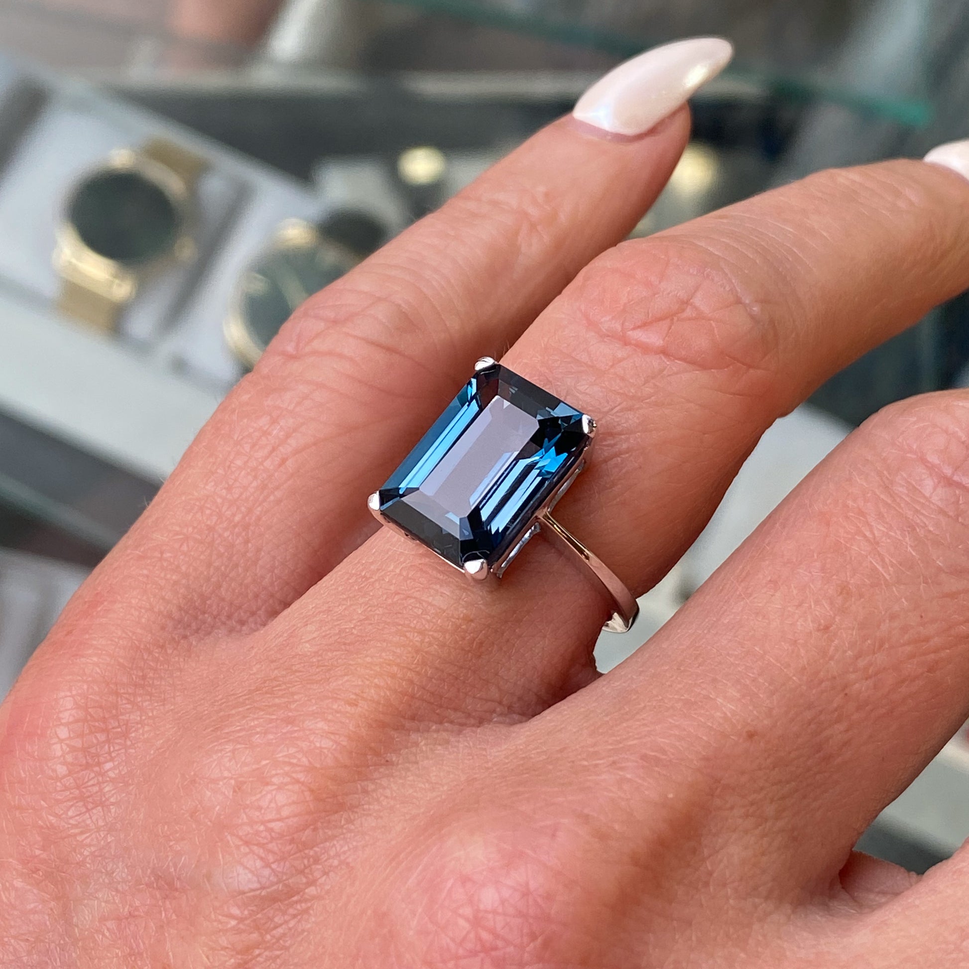 9ct White Gold Octagon Cut London Blue Topaz  Ring - John Ross Jewellers