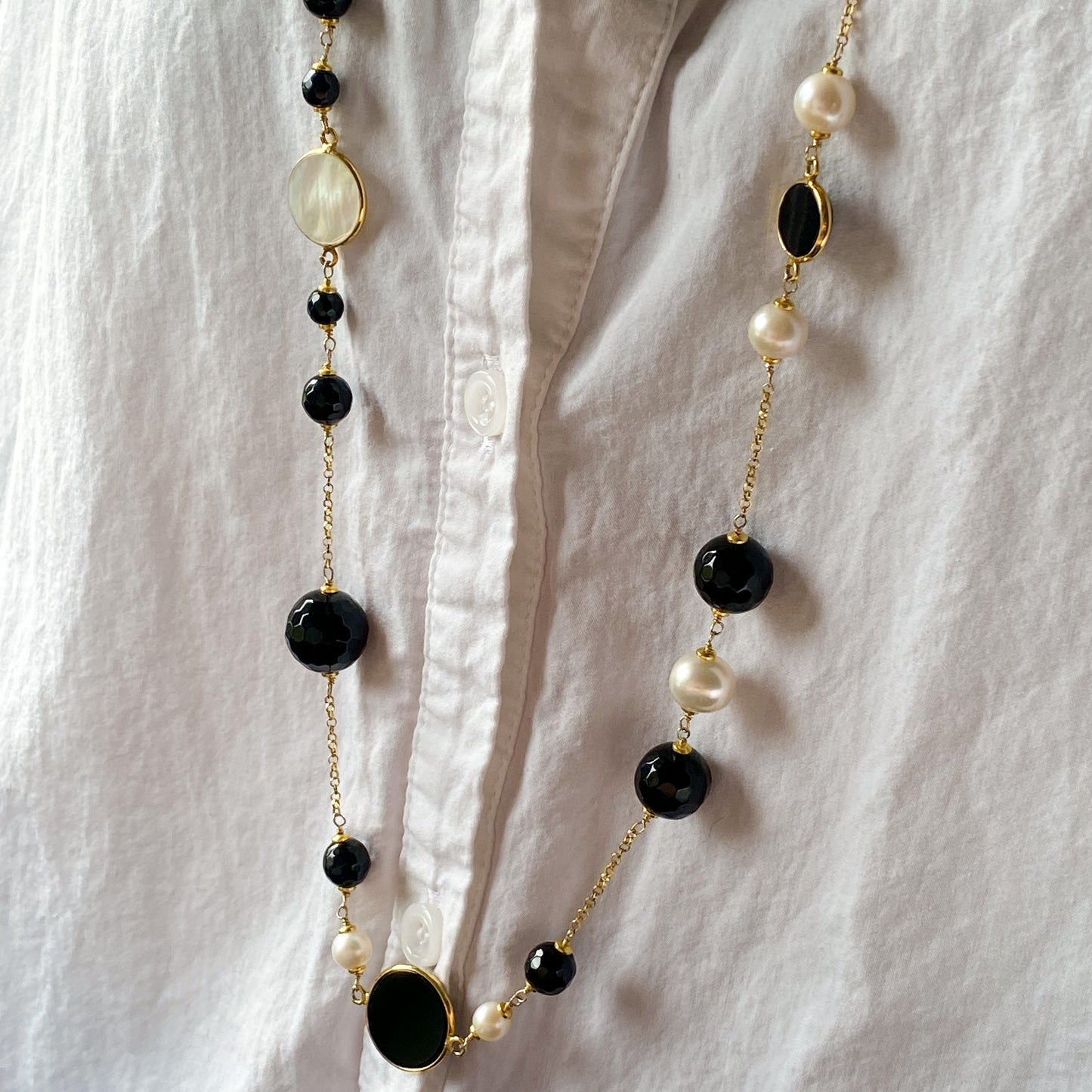 Natural Beauty - Mother of Pearl, Pearl & Onyx Necklace | 100cm - John Ross Jewellers