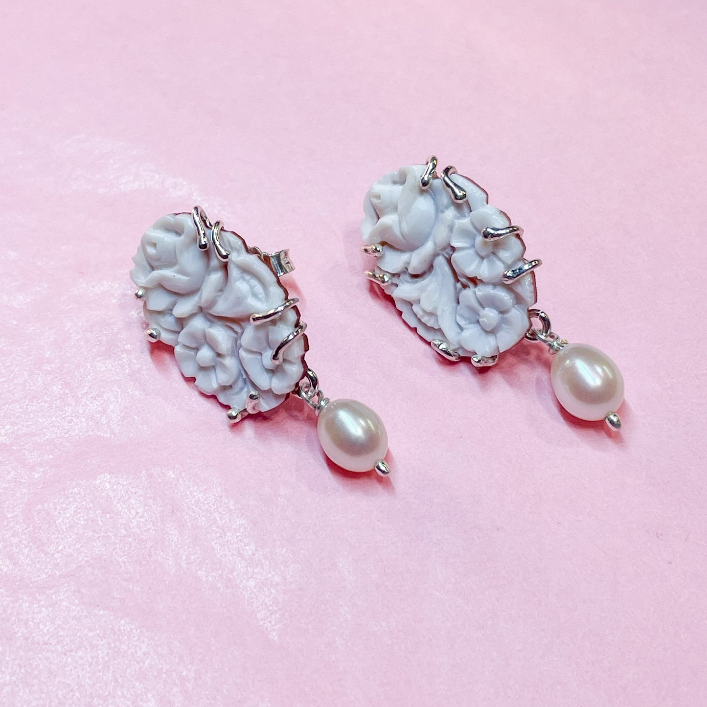 Floral Cameo & Pearl Drop Earrings - Small - John Ross Jewellers