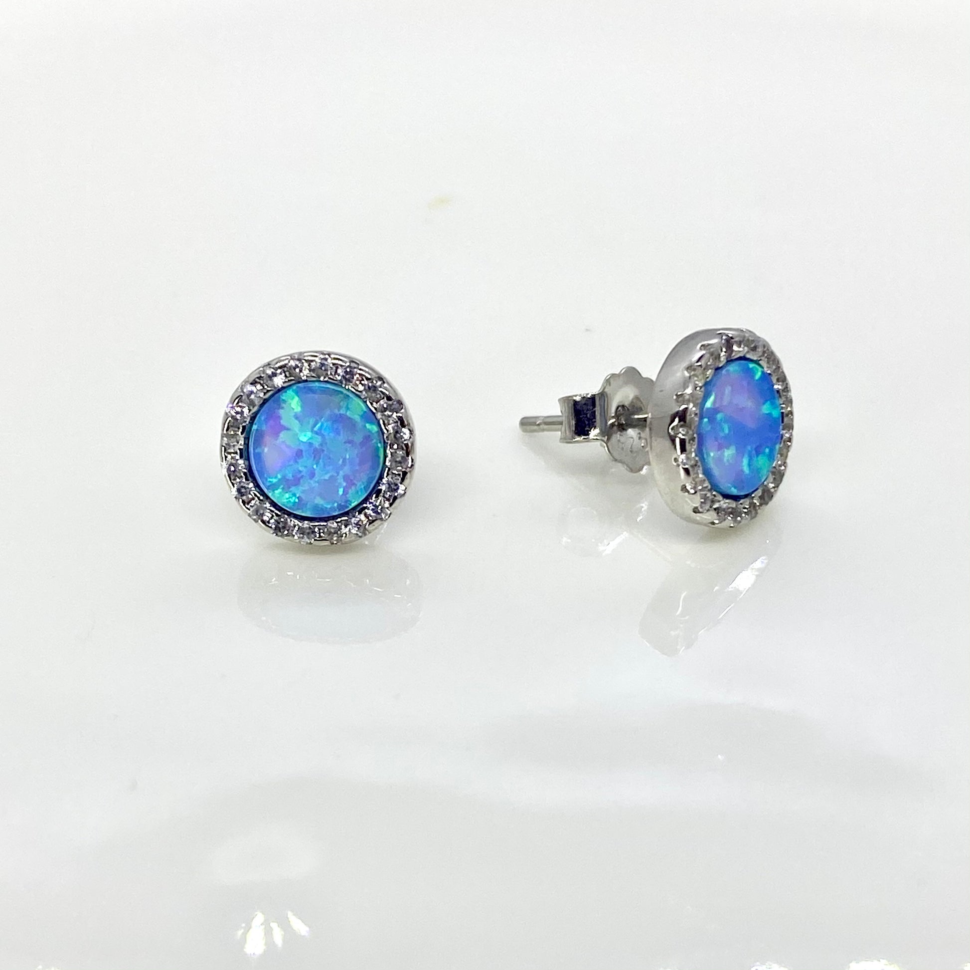Silver Round Blue Opalique & CZ Halo Stud Earrings - John Ross Jewellers