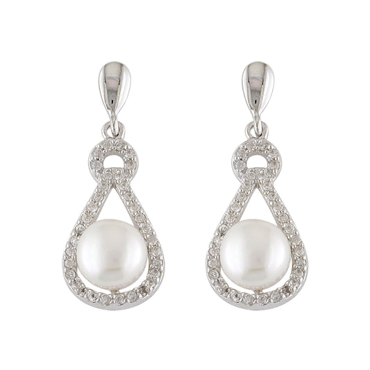 Silver Freshwater Pearl & CZ Tear Drop Earrings - John Ross Jewellers