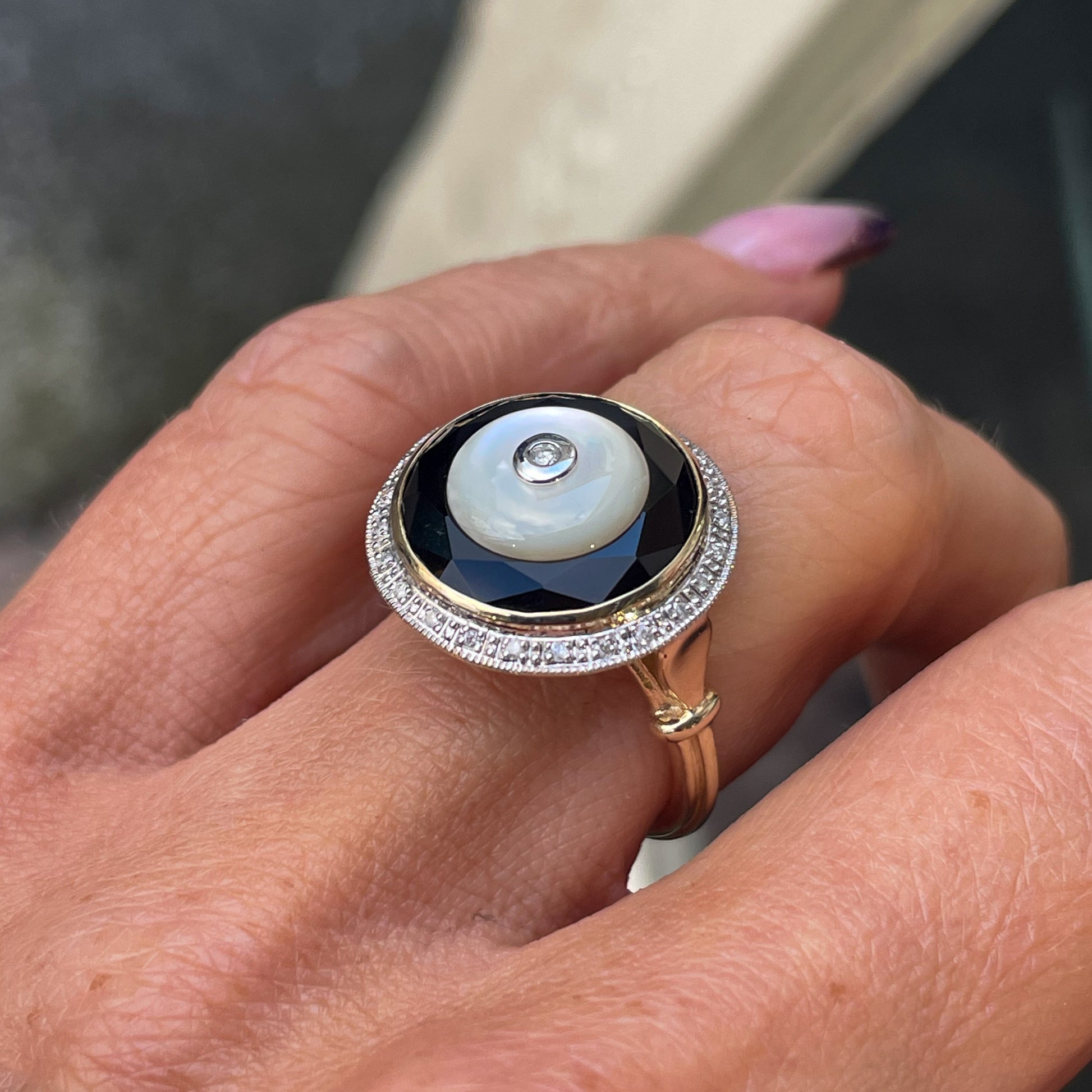 9ct Gold Mother of Pearl, Onyx & Diamond Ring - John Ross Jewellers