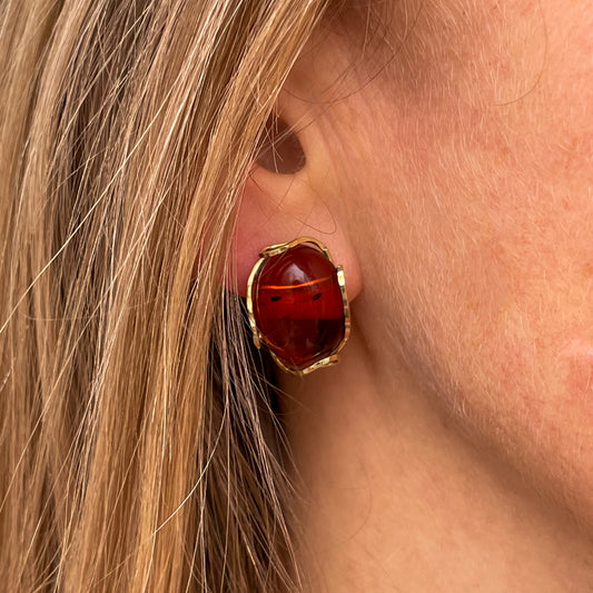 18ct Gold Amber Stud Earrings | 18mm x 13mm - John Ross Jewellers