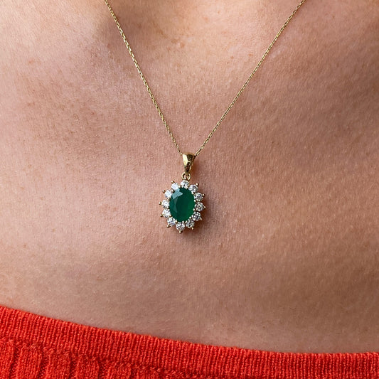 9ct Gold Green Agate & CZ Pendant Necklace - John Ross Jewellers