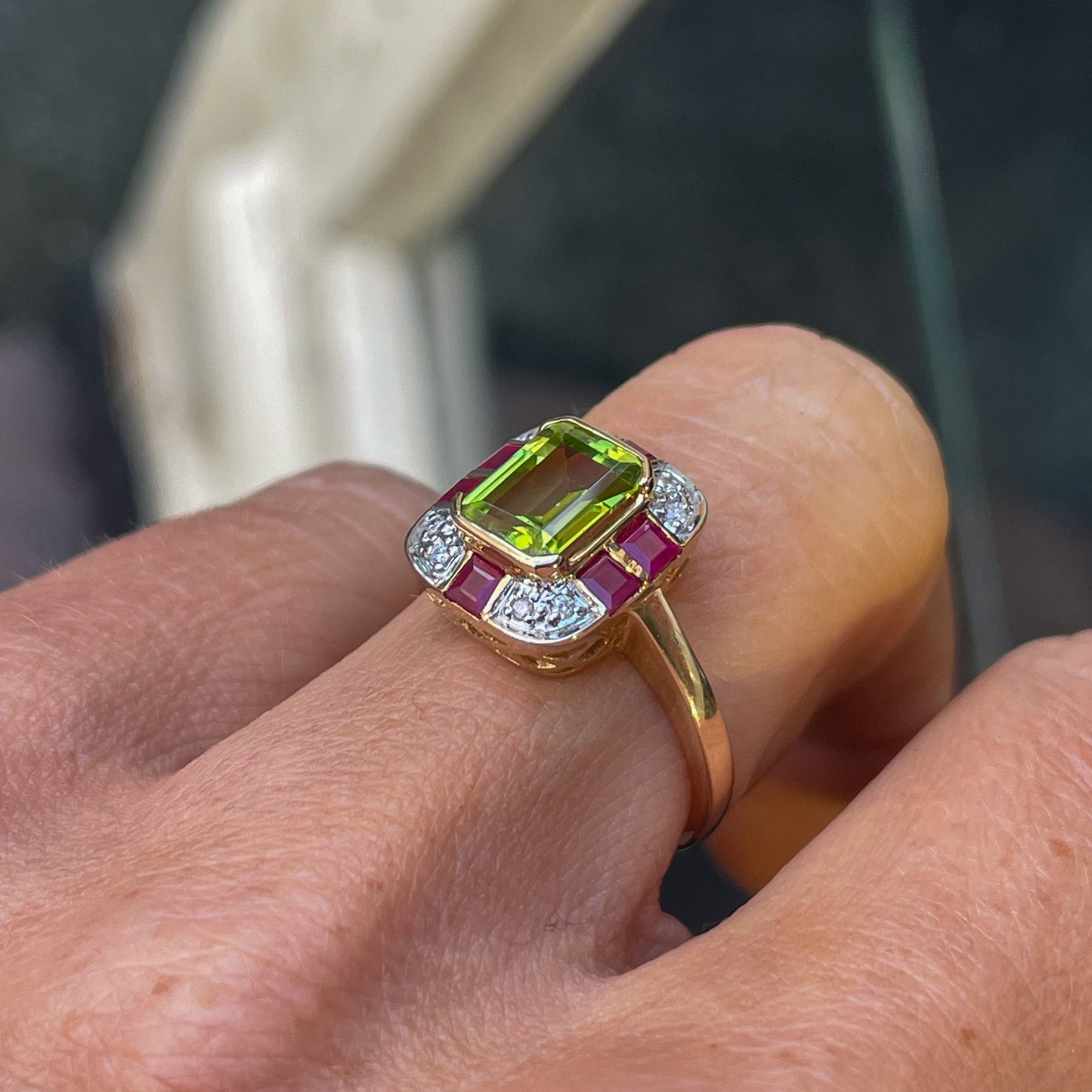 9ct Gold Peridot, Ruby & Diamond Ring - John Ross Jewellers