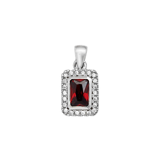 Silver Created Garnet & CZ Halo Pendant Necklace | Rectangular - John Ross Jewellers