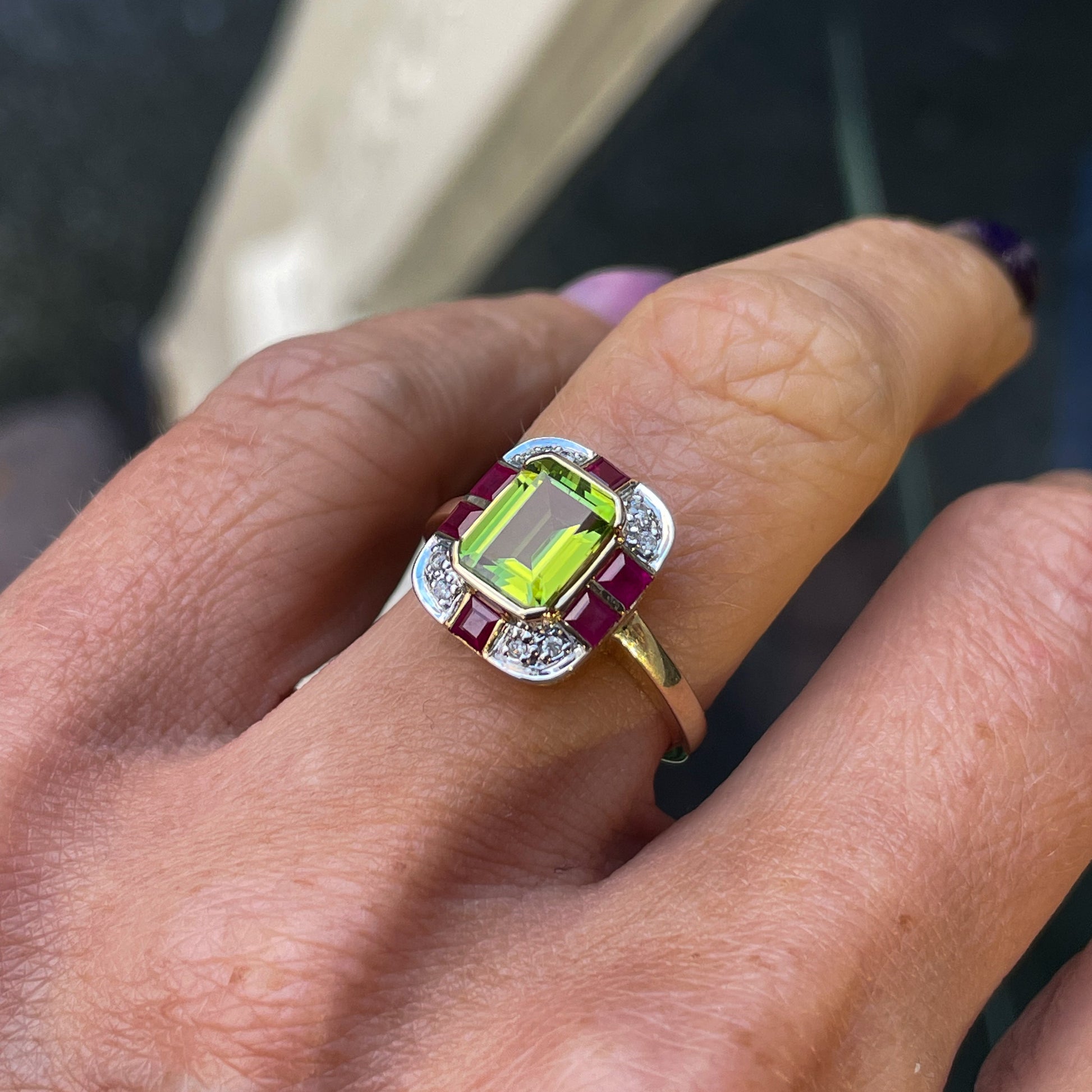 9ct Gold Peridot, Ruby & Diamond Ring - John Ross Jewellers