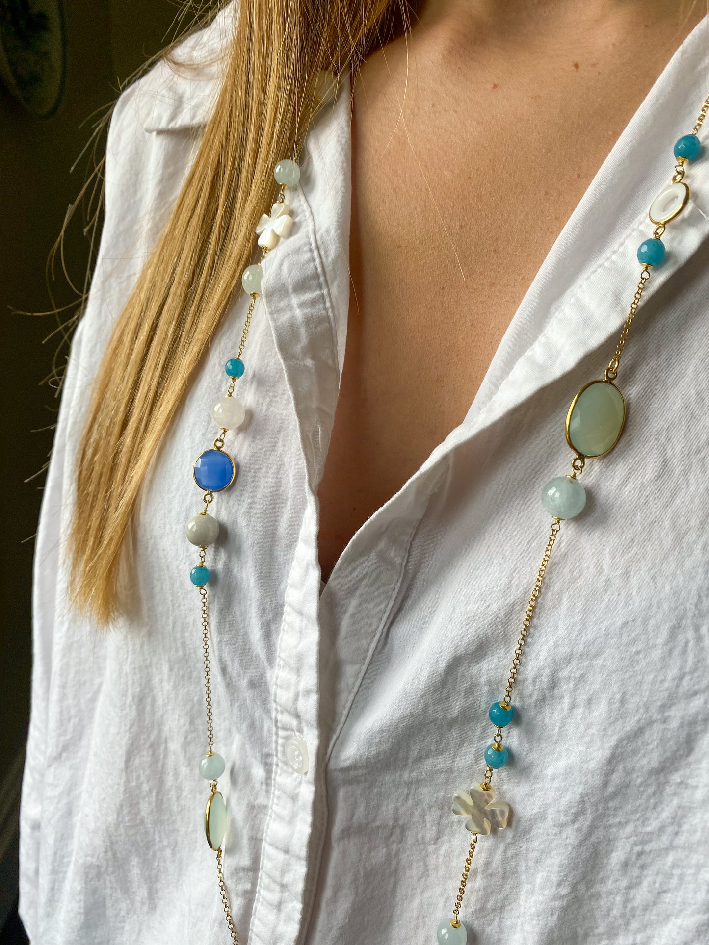 Brilliant Blues - Turquoise, Blue Quartz, Aquamarine, Amazonite & Mother of Pearl Necklace | 100cm - John Ross Jewellers