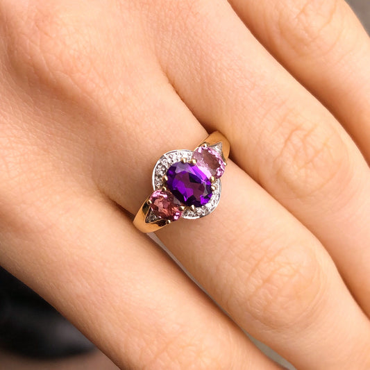 9ct Gold Amethyst, Pink Tourmaline & Diamond Ring - John Ross Jewellers