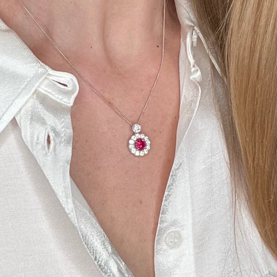 Silver Created Ruby CZ Halo Necklace - John Ross Jewellers