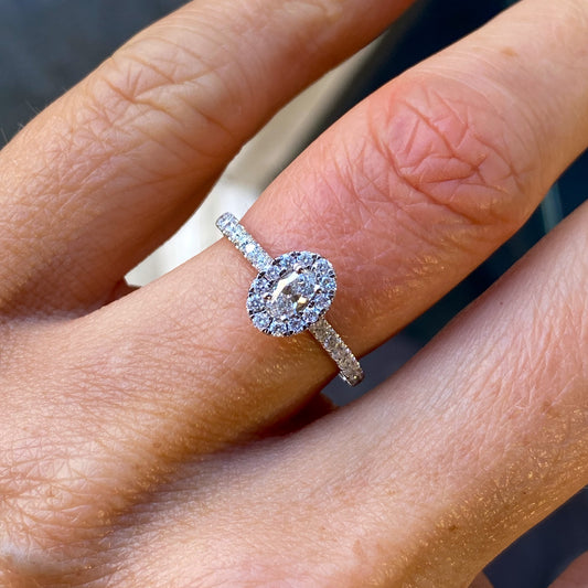 Platinum 0.62ct Oval Cut Solitaire Halo Diamond Ring - John Ross Jewellers