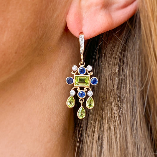 9ct Gold Peridot, Sapphire & Diamond Drop Earrings - John Ross Jewellers