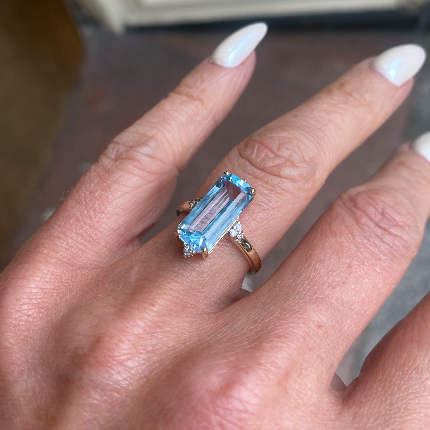 9ct Gold Elongated Blue Topaz & Diamond Ring - John Ross Jewellers