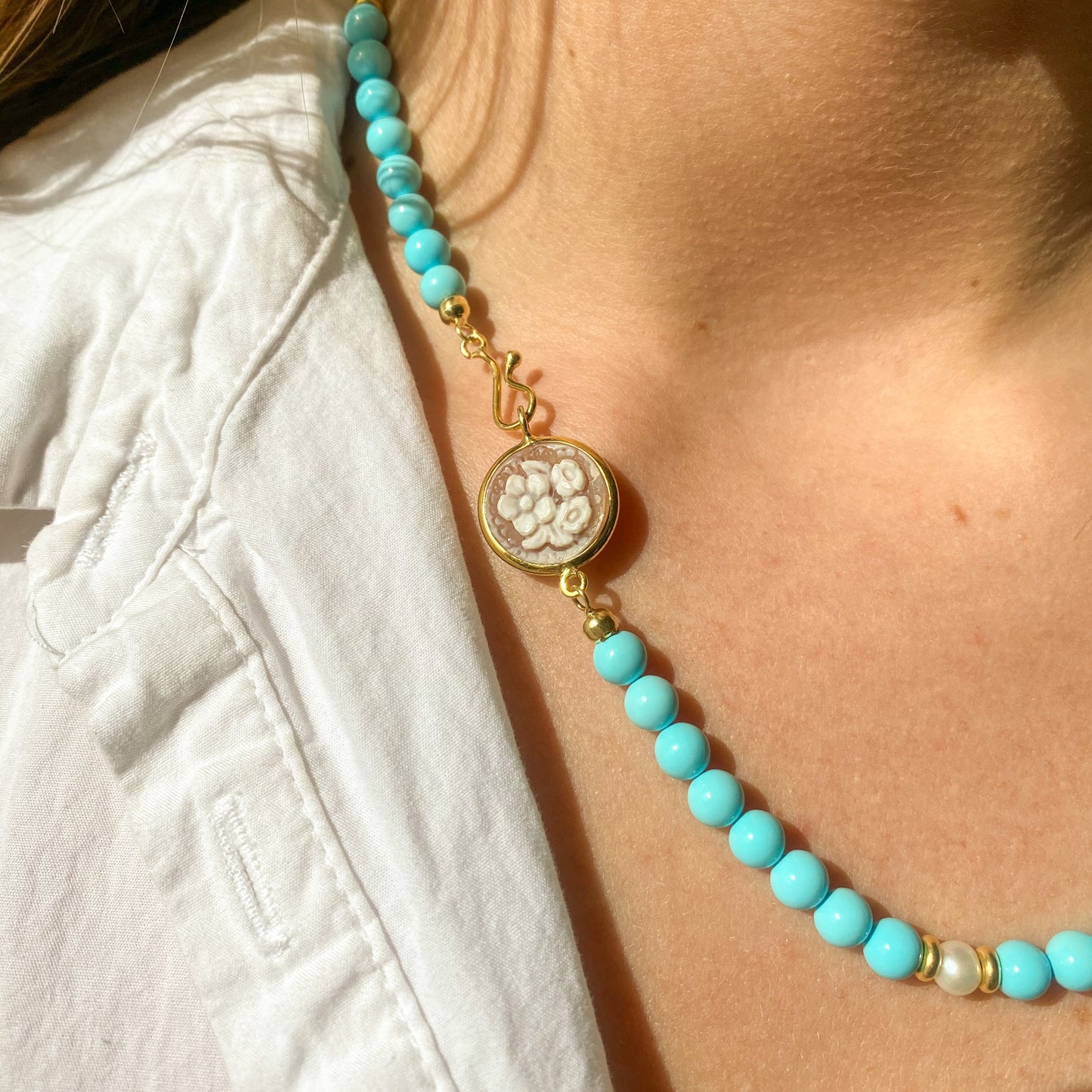 Synthetic Turquoise, Floral Sardonyx Cameo & Freshwater Pearl Necklace | 48cm - John Ross Jewellers