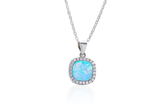 Silver Cushion Blue Opalique & CZ Halo Necklace - John Ross Jewellers