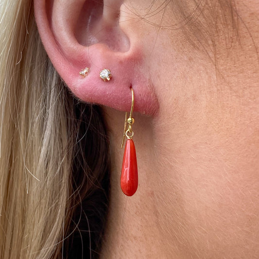 18ct Gold Red Coral Hook Drop Earrings | 28mm - John Ross Jewellers