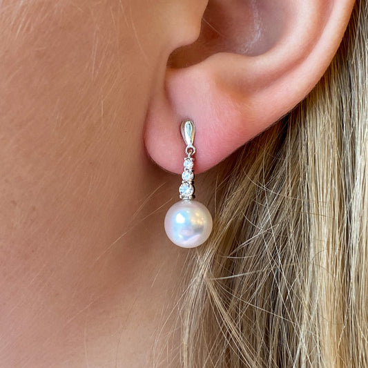 9ct White Gold Pearl & CZ Drop Earrings - John Ross Jewellers