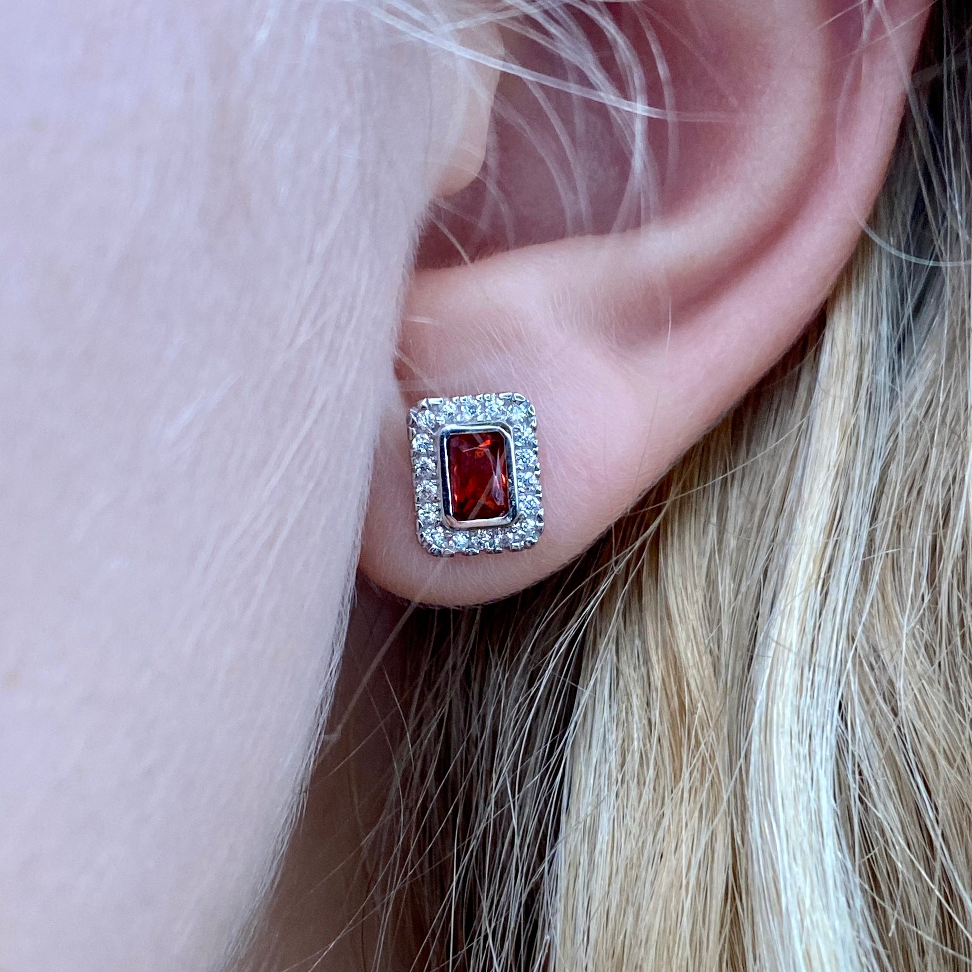 Silver Created Garnet & CZ Cluster Earrings | Rectangular - John Ross Jewellers