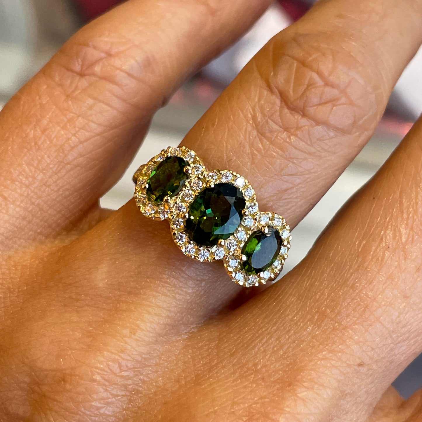 18ct Gold Green Tourmaline & Diamond Garland Ring - John Ross Jewellers