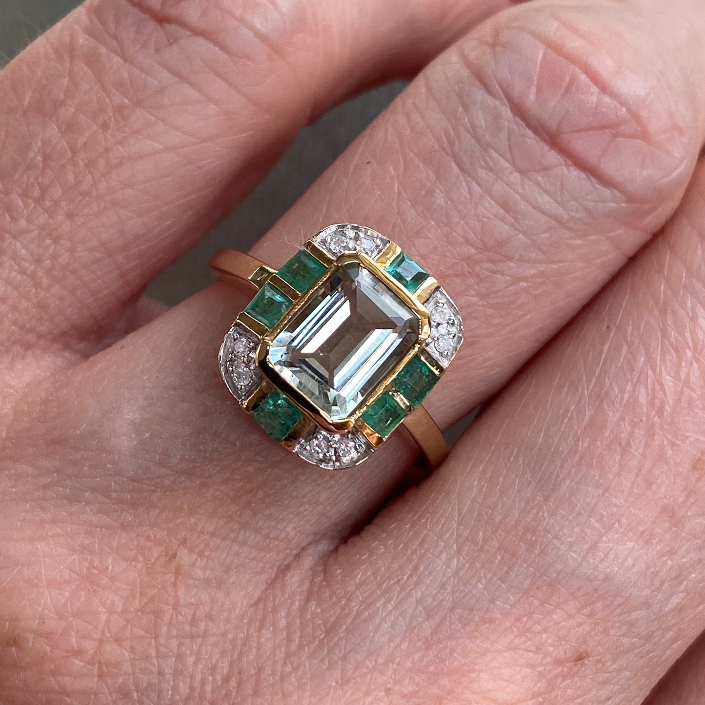 9ct Gold Green Amethyst, Emerald & Diamond Ring - John Ross Jewellers