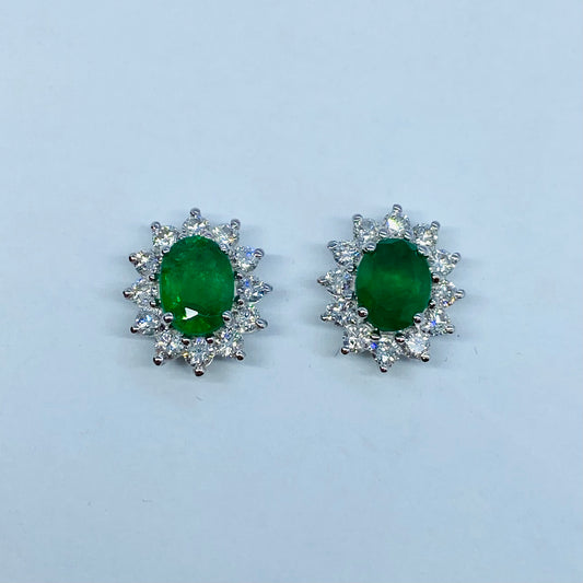 18ct White Gold Emerald & Diamond Oval Cluster Stud Earrings - John Ross Jewellers