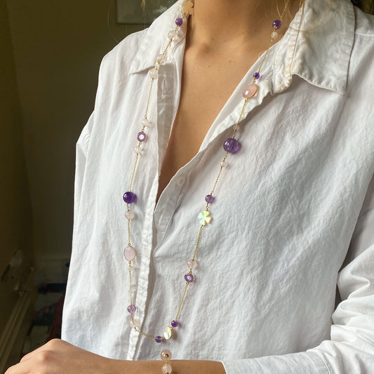 Natural Beauty - Mother of Pearl, Amethyst & Rose Quartz Necklace | 100cm - John Ross Jewellers