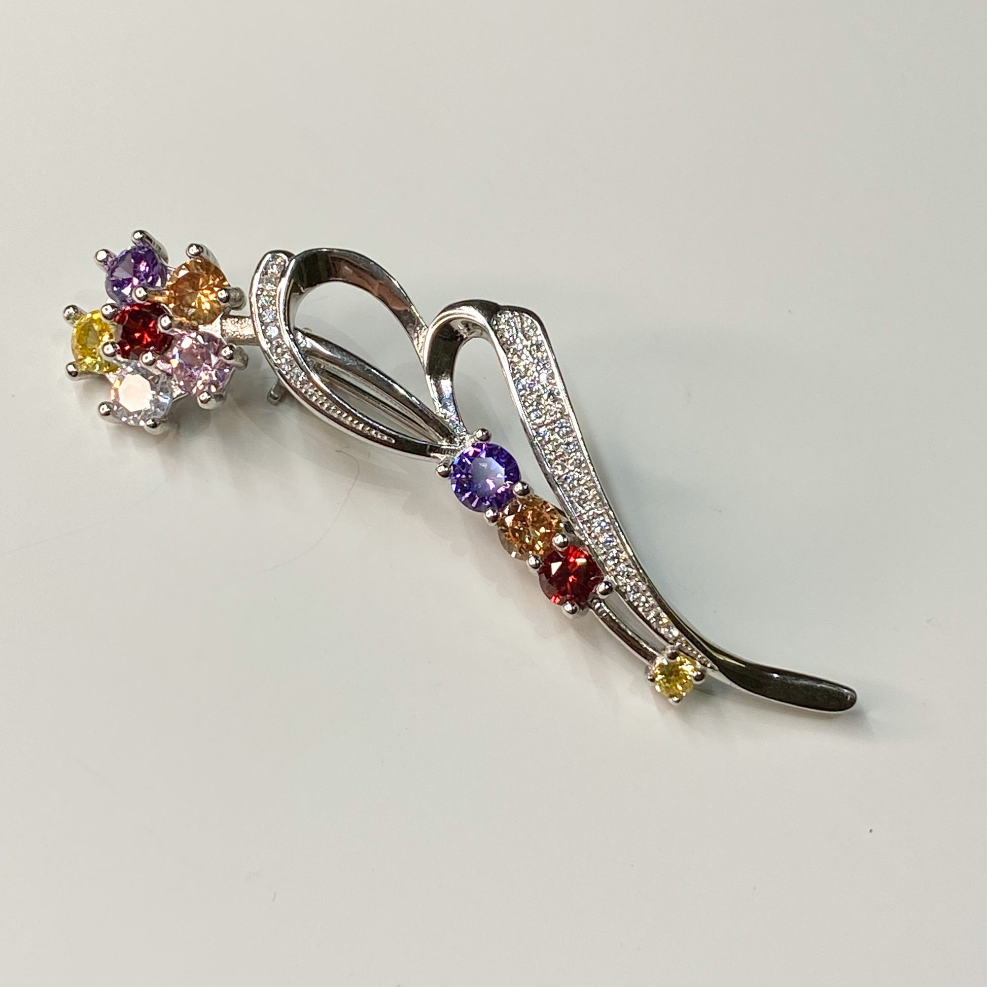 Silver CZ Flower & Ribbon Brooch - John Ross Jewellers