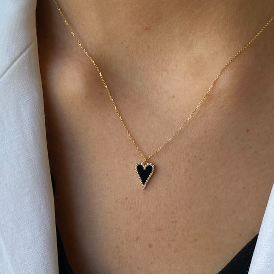 9ct Gold Modern Heart Necklace | Onyx & CZ - John Ross Jewellers