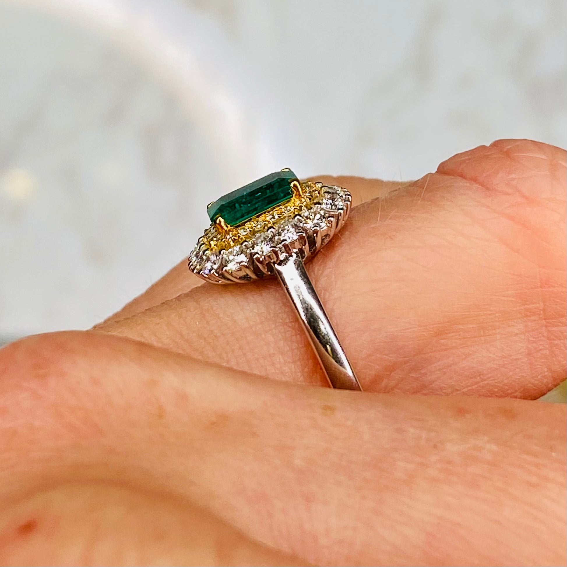 18ct White Gold Emerald & Diamond Double Halo Cluster Ring - John Ross Jewellers