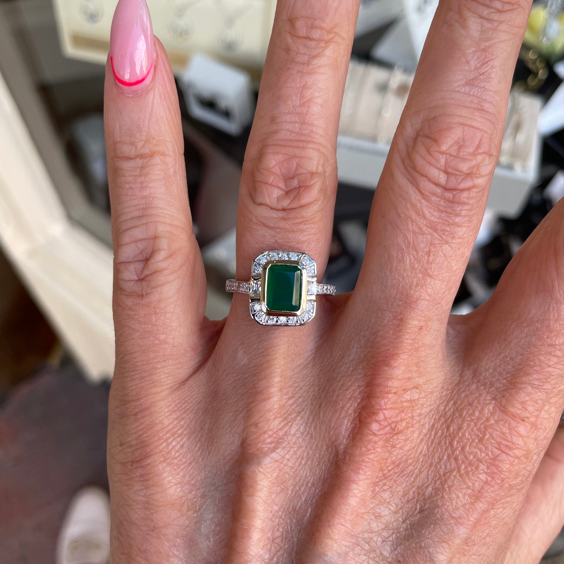 9ct Gold Green Agate & CZ Vintage Style Ring - John Ross Jewellers