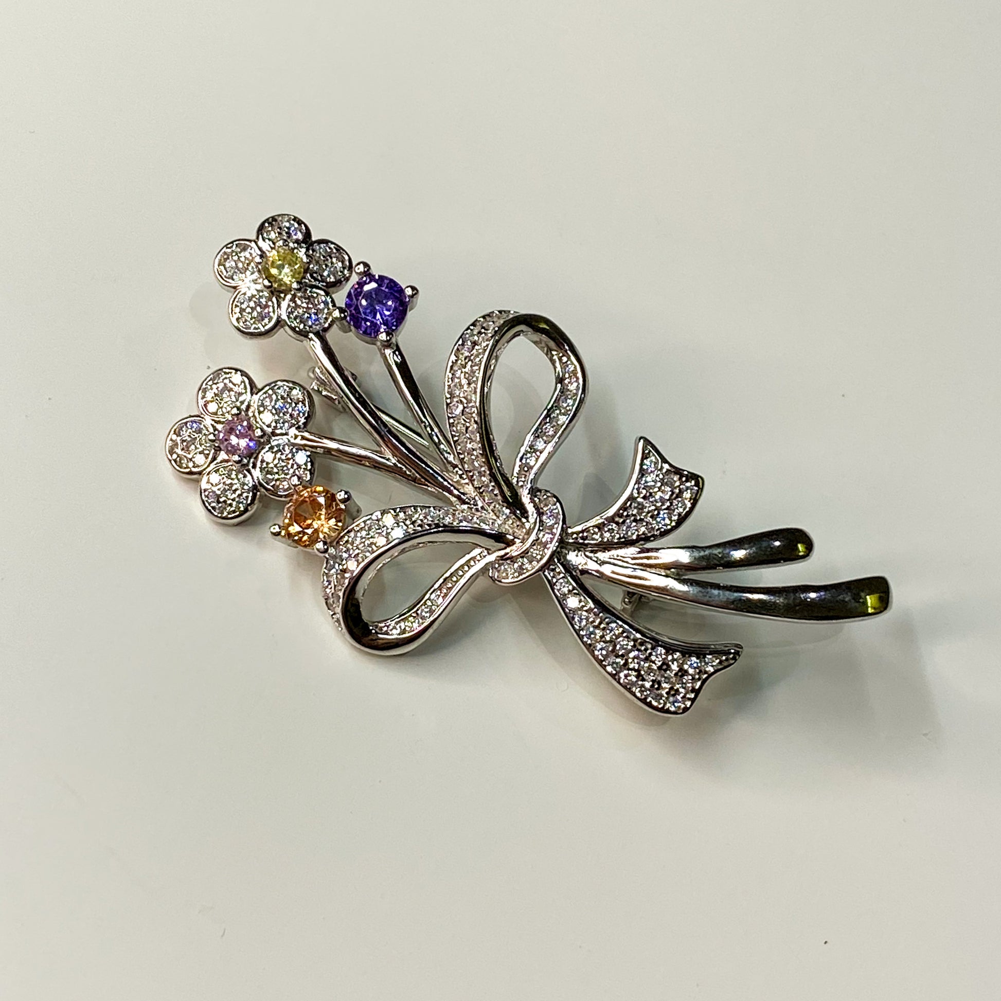 Silver CZ Flower & Bow Brooch - John Ross Jewellers