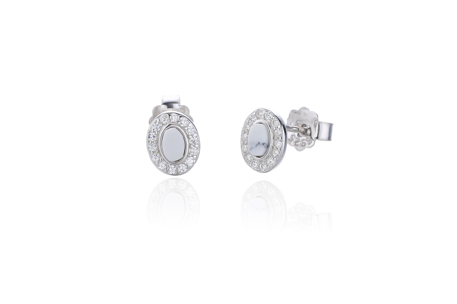 Silver Oval White Howlite & CZ Halo Stud Earrings - John Ross Jewellers