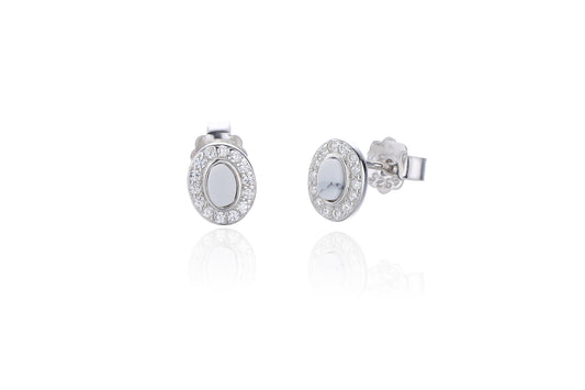 Silver Oval White Howlite & CZ Halo Stud Earrings - John Ross Jewellers