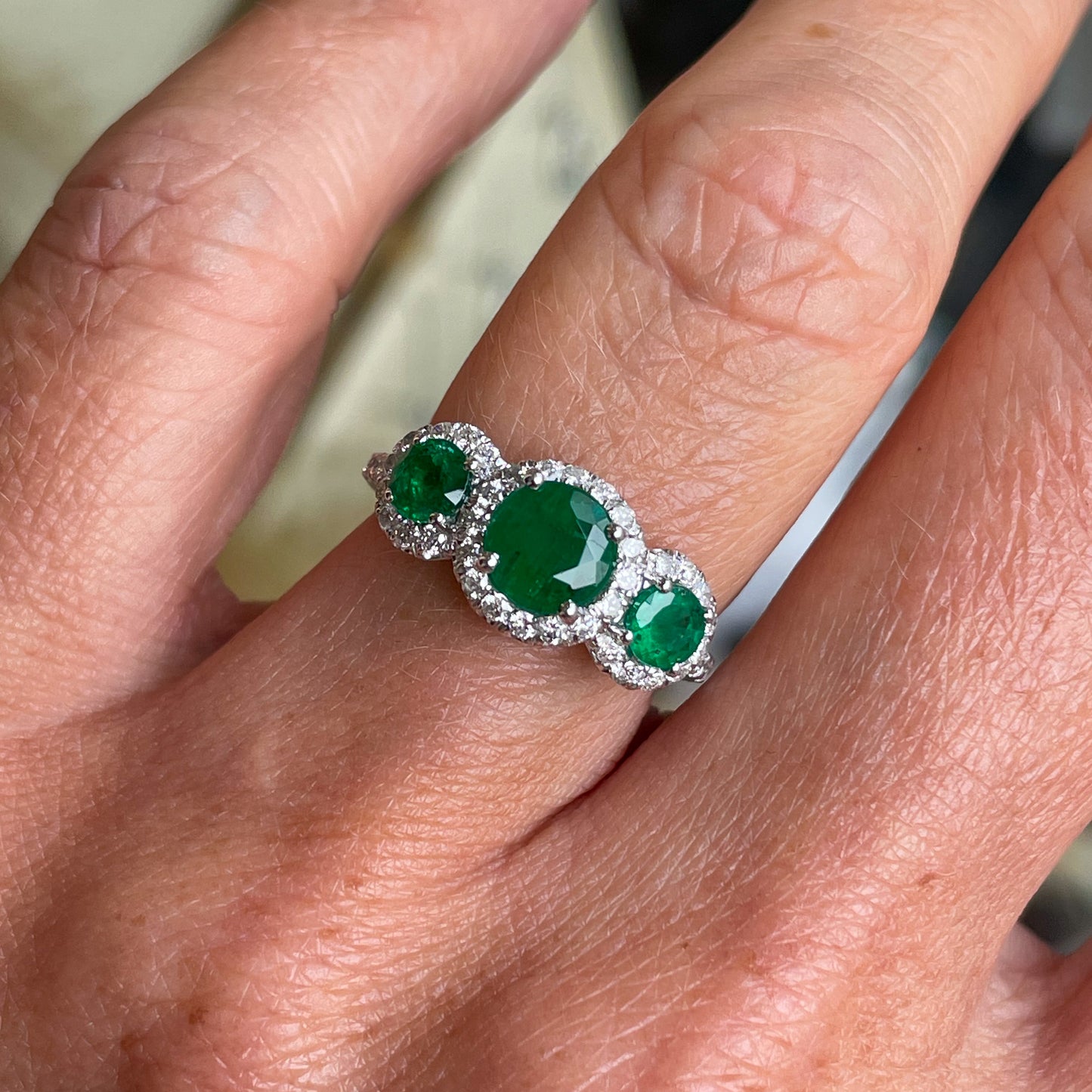 Platinum Emerald & Diamond Trilogy Garland Ring | Diamond Shoulders - John Ross Jewellers