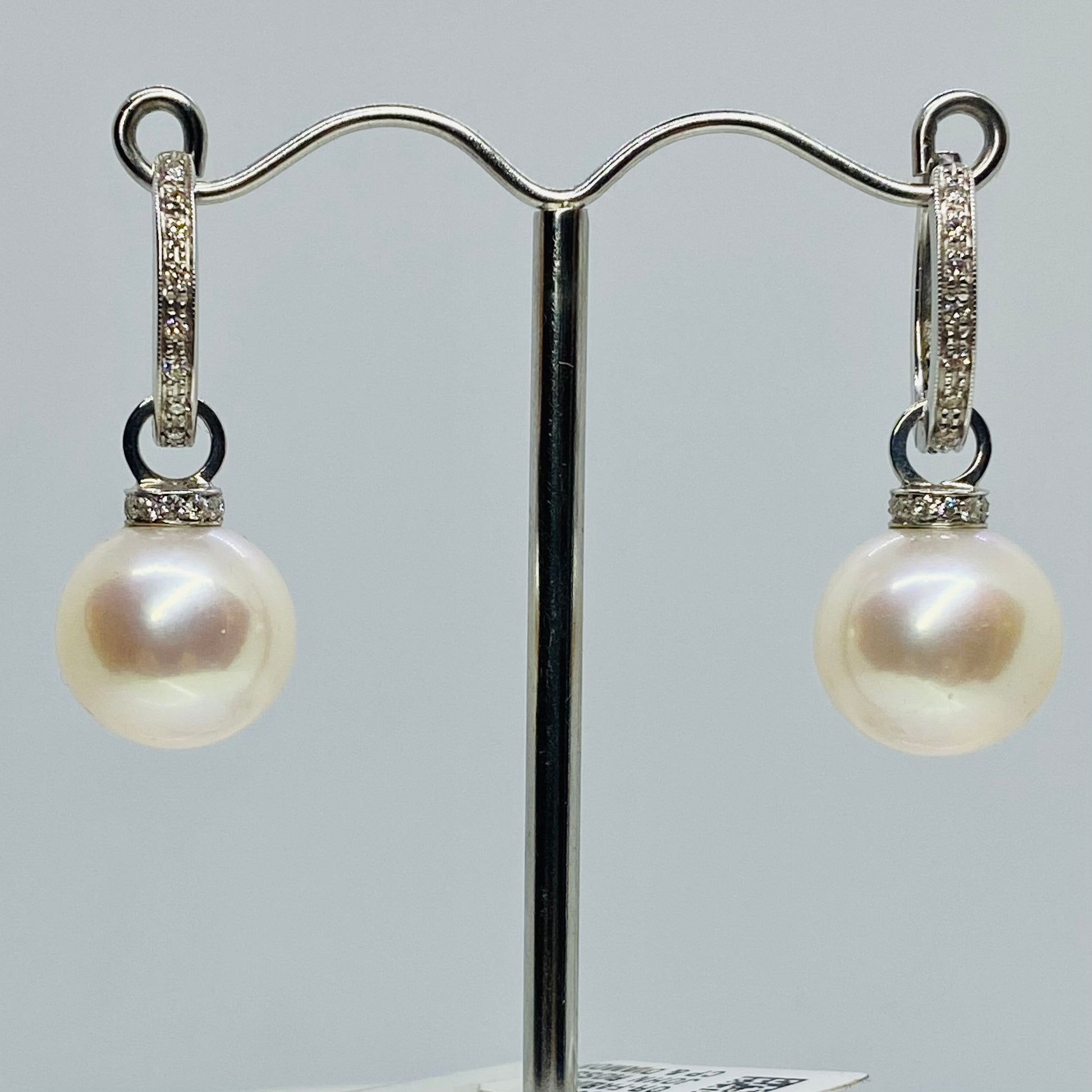 18ct White Gold 13mm Edison Pearl & Diamond Drop Earrings | 0.36ct - John Ross Jewellers