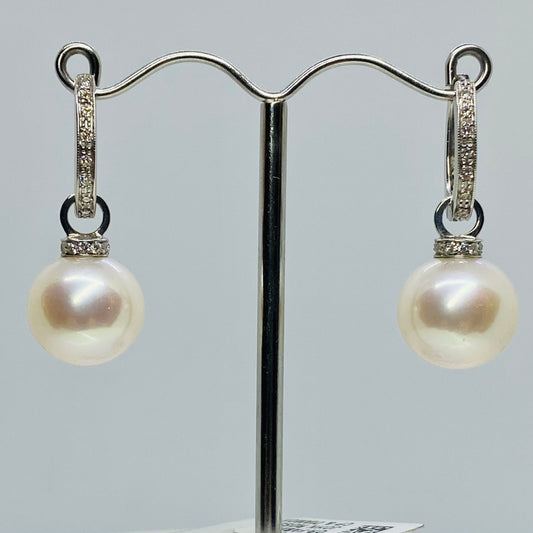 18ct White Gold 13mm Edison Pearl & Diamond Drop Earrings | 0.36ct - John Ross Jewellers