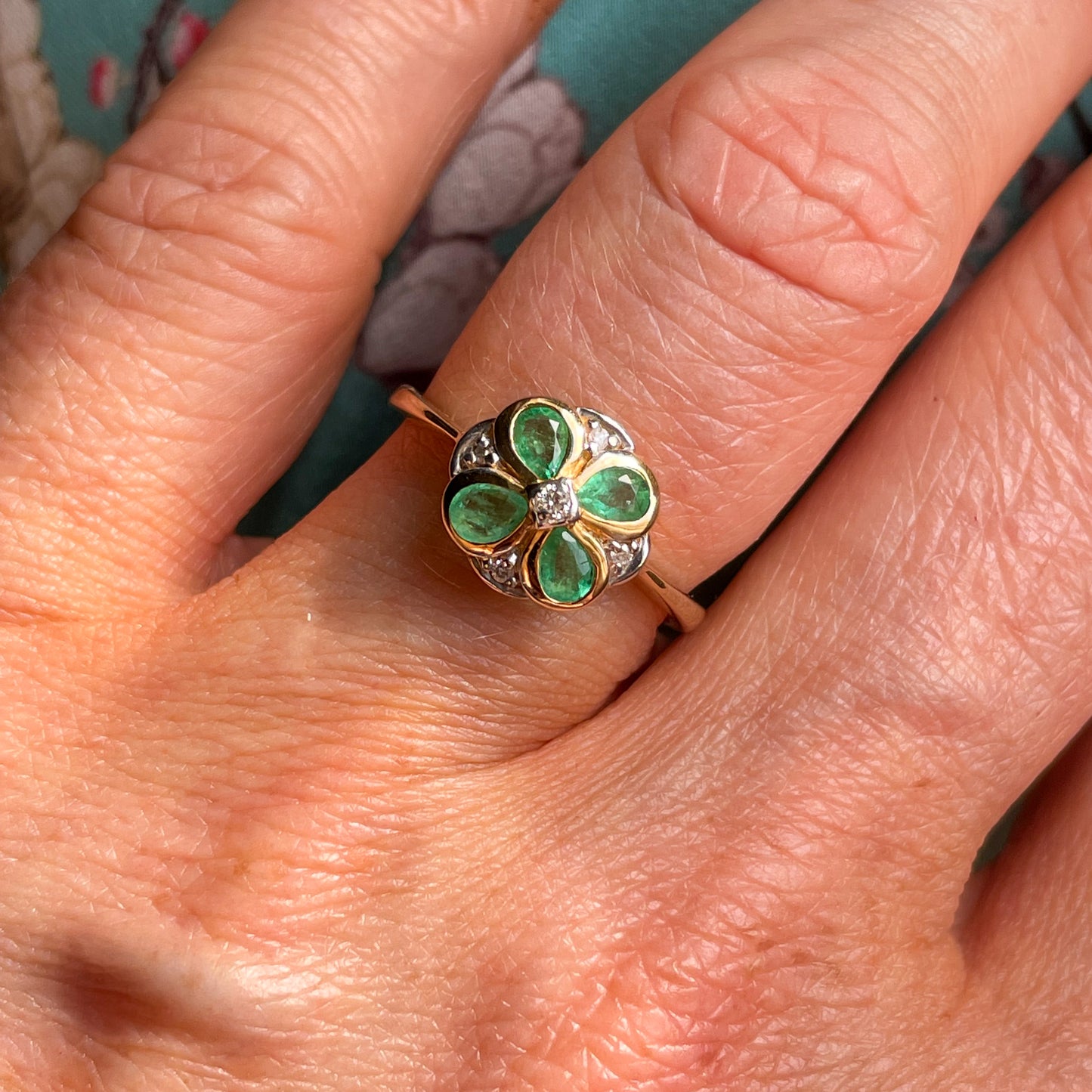 9ct Gold Emerald & Diamond Quatrefoil Ring - John Ross Jewellers