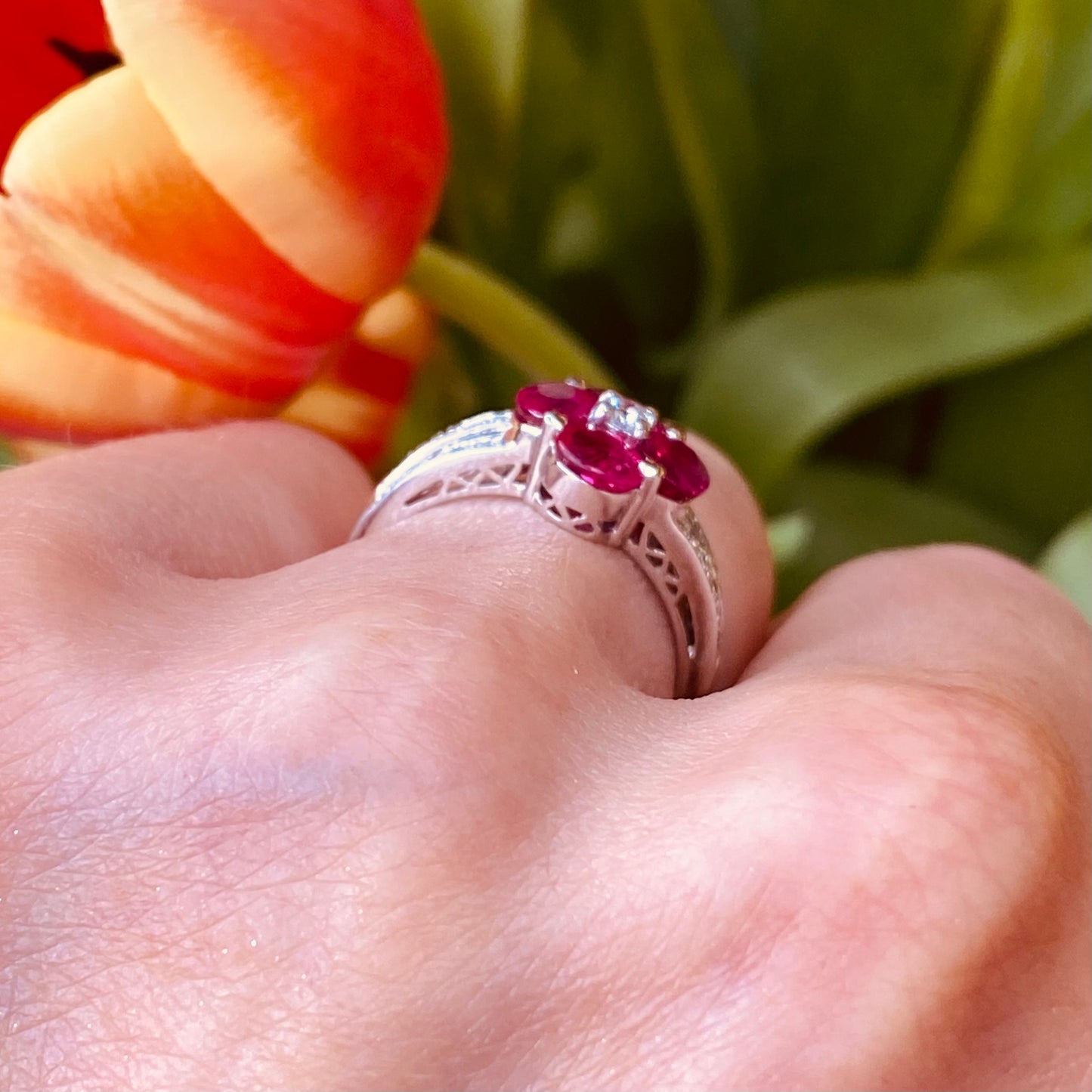 18ct White Gold Pink Sapphire & Diamond Quatrefoil Ring - John Ross Jewellers