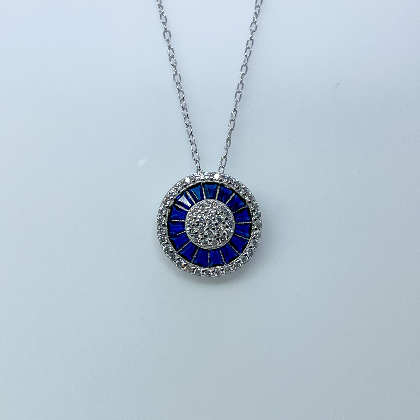 Silver Created Sapphire & CZ Halo Necklace - John Ross Jewellers