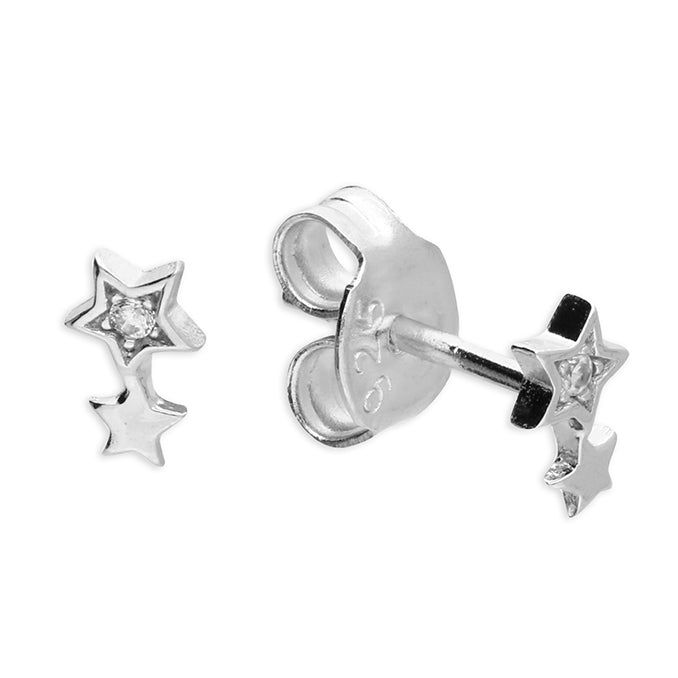 Silver CZ Two Star Stud Earrings - John Ross Jewellers