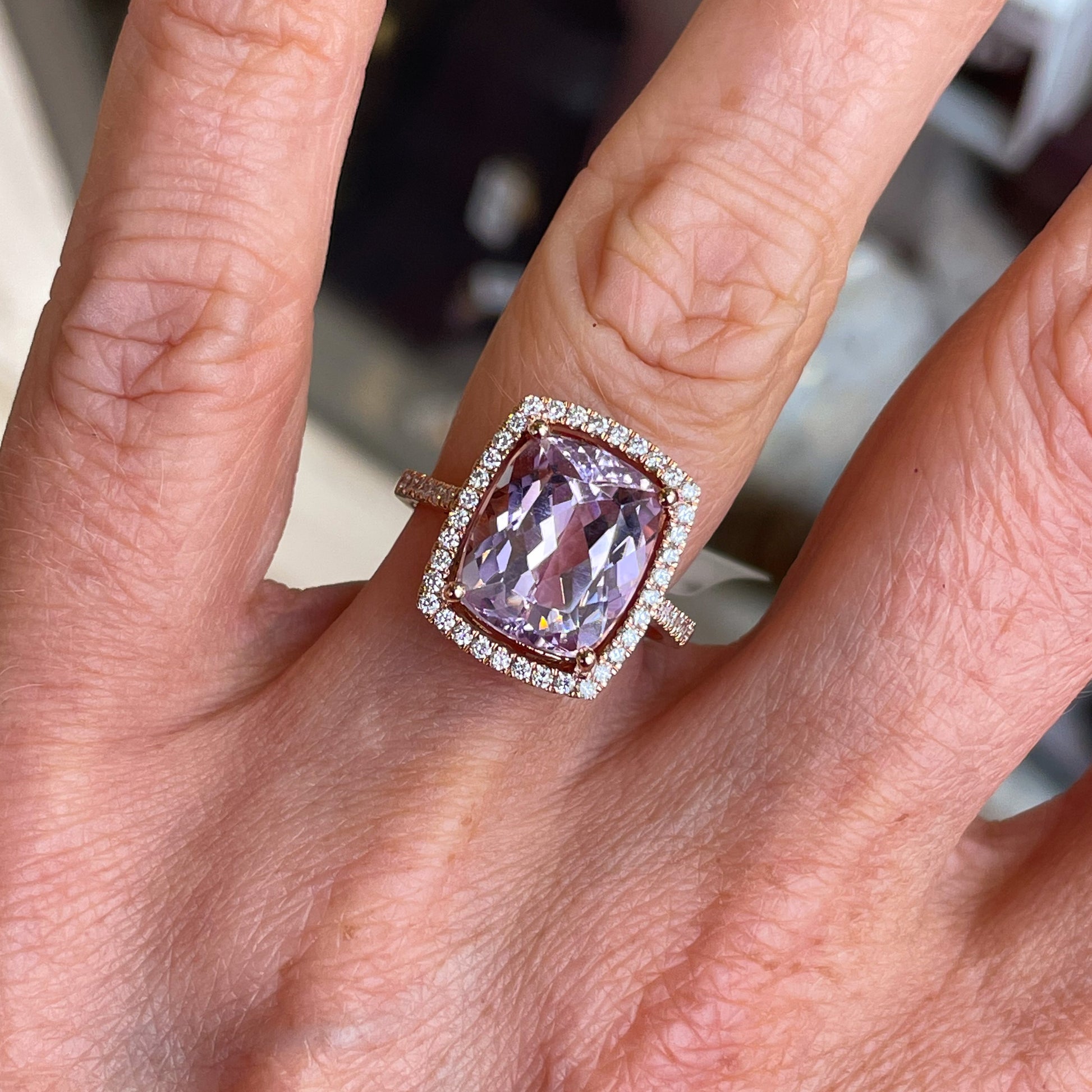 18ct Rose Gold Kunzite & Diamond Ring 6.54ct - John Ross Jewellers