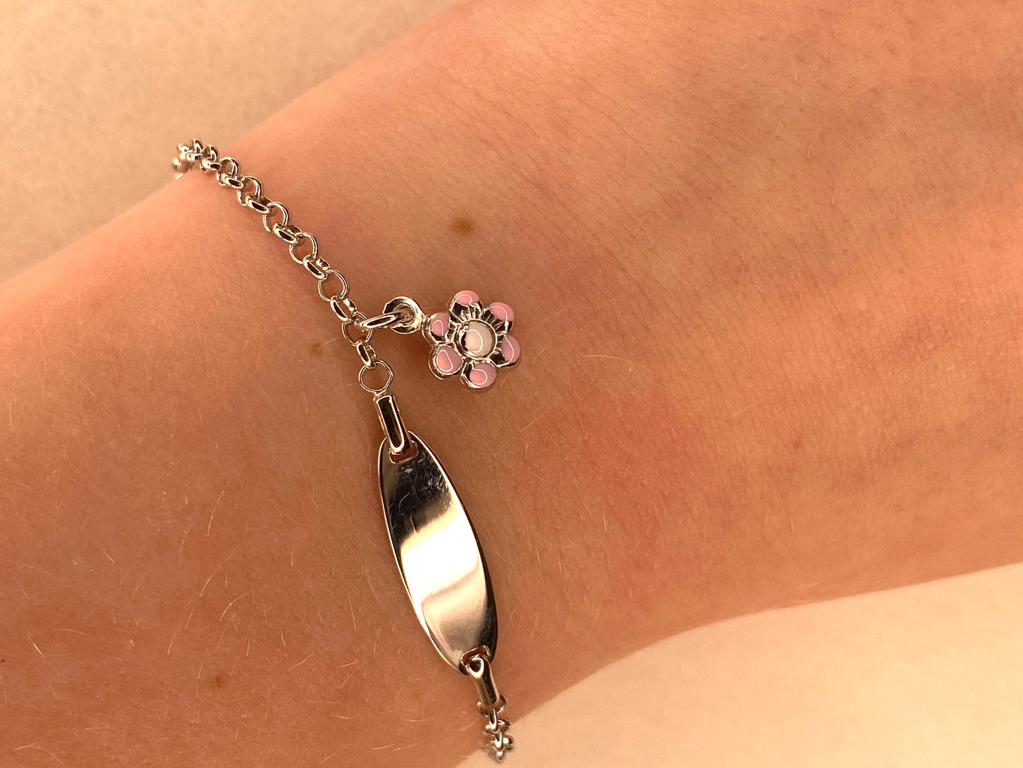 Silver Child's Identity Bracelet - Pink Blossom Charm - John Ross Jewellers