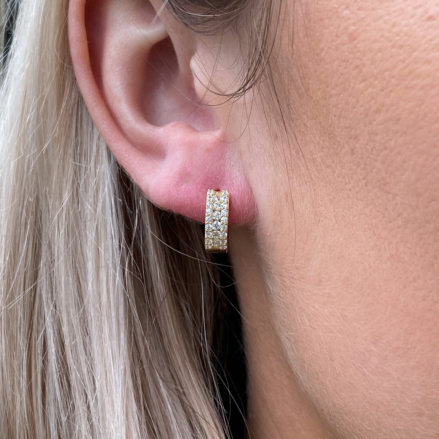 9ct Gold Three Row CZ Huggie Hoop Earrings | 10mm - John Ross Jewellers