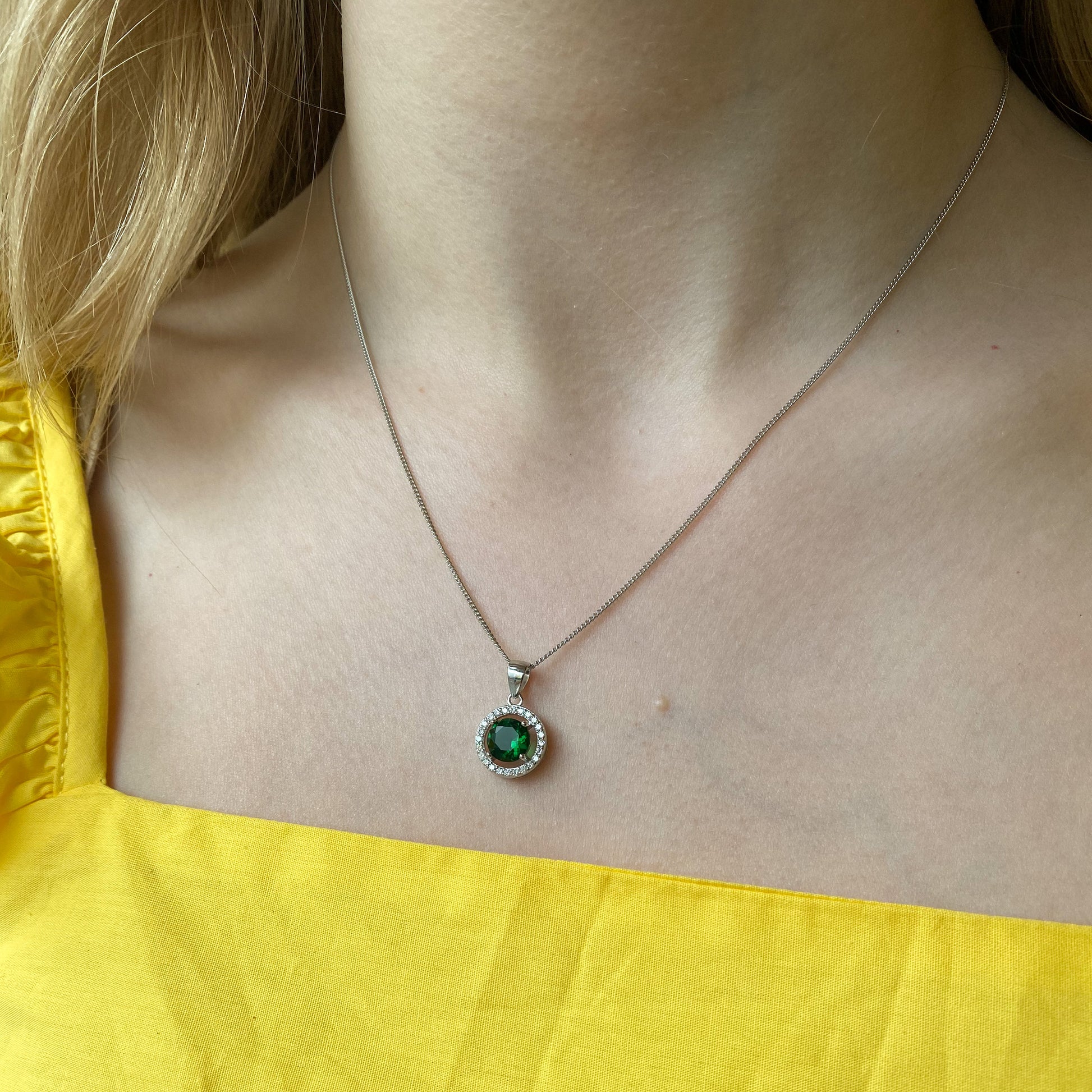 Silver Created Emerald & CZ Round Pendant Necklace - John Ross Jewellers