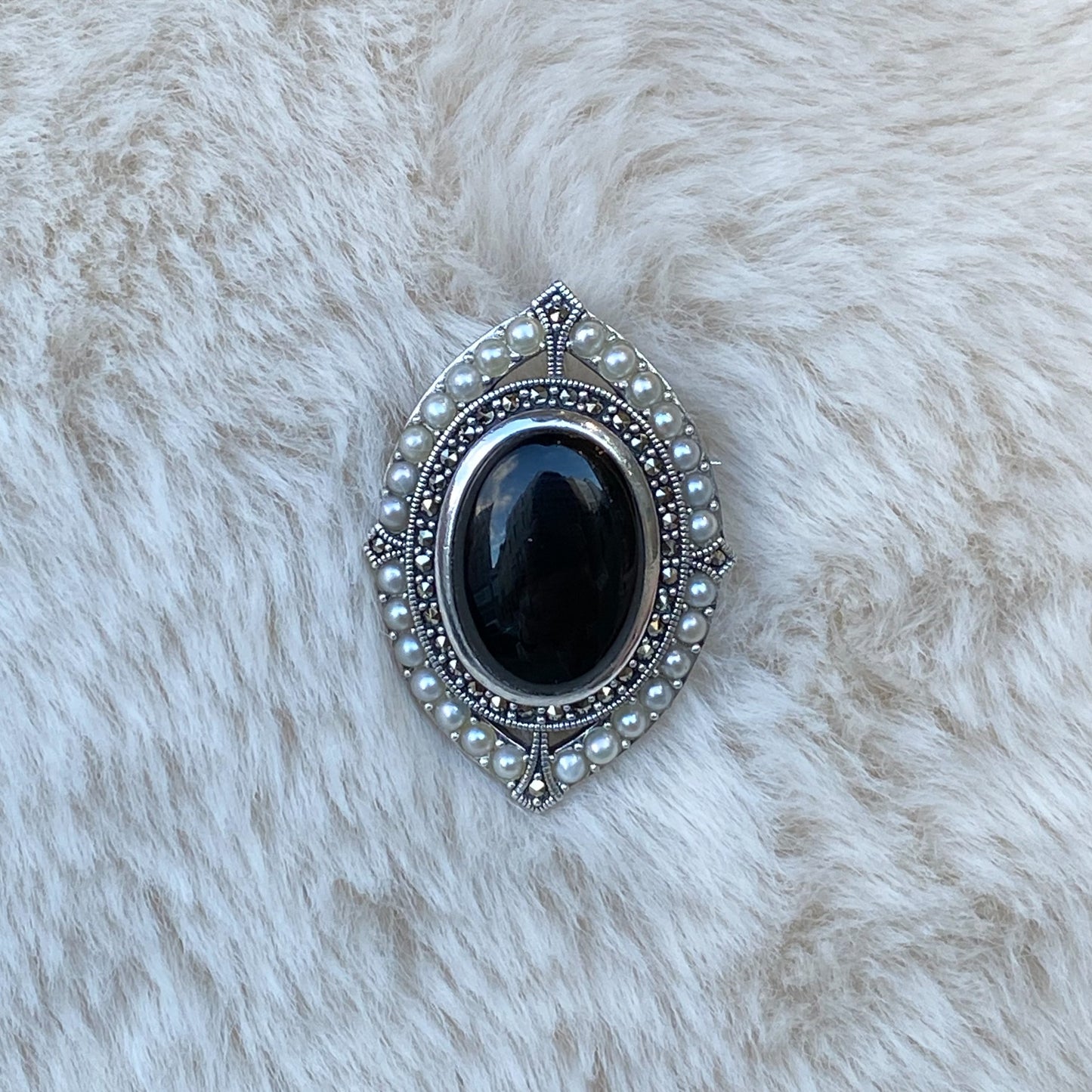 Silver Marcasite, Onyx & Pearl Vintage Style Brooch - John Ross Jewellers