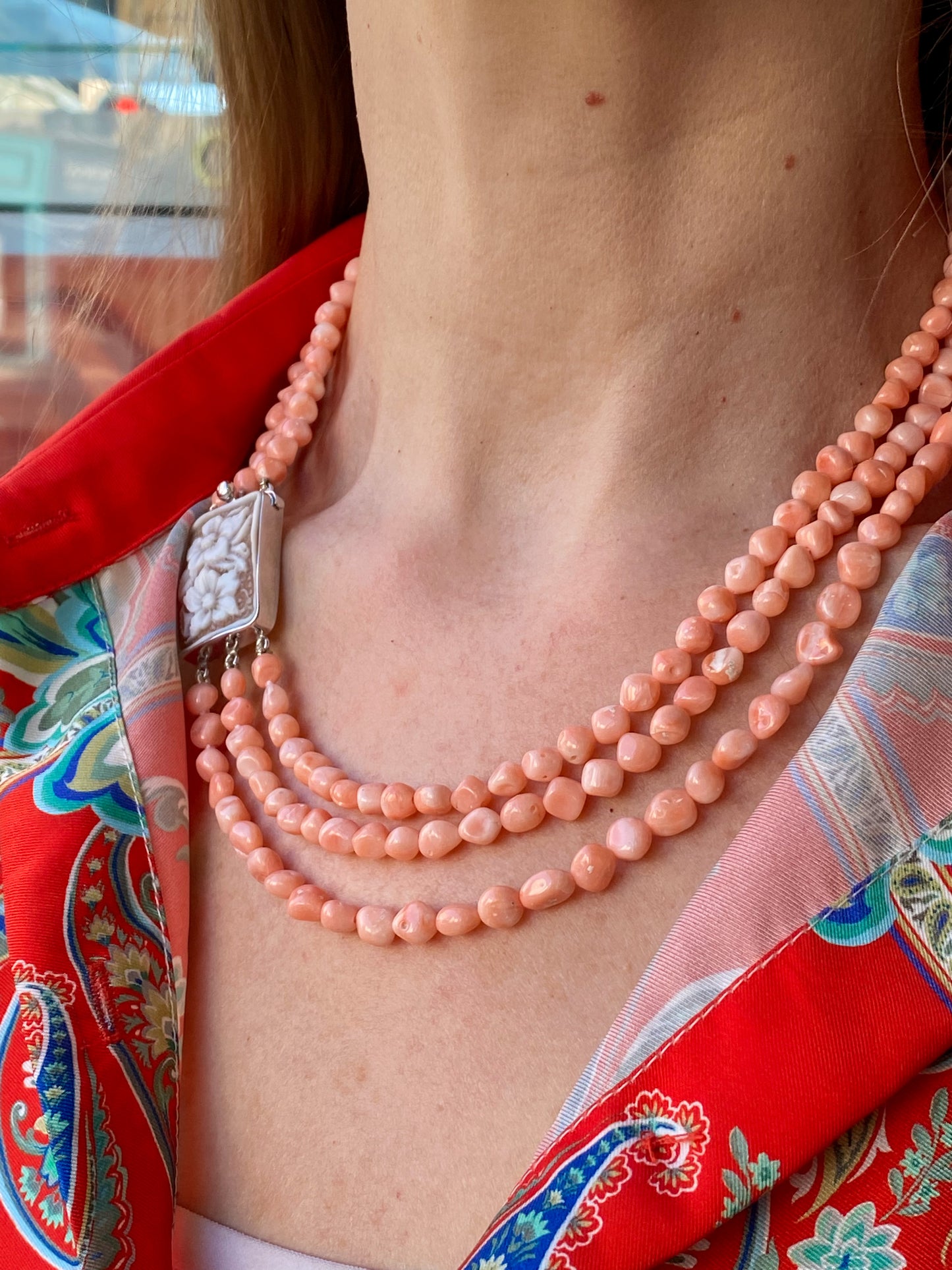 Floral Cameo & Rose Coral Three Row Necklace - John Ross Jewellers
