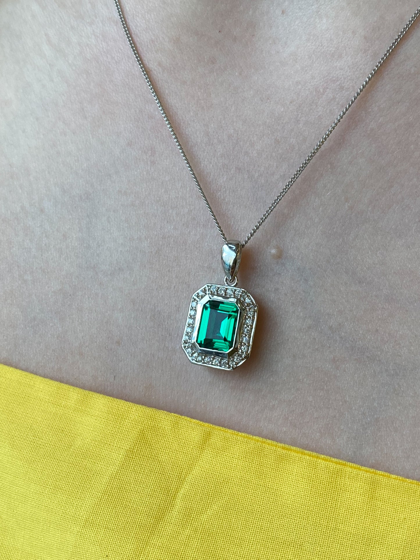 Silver CZ Deco Necklace | Created Emerald - John Ross Jewellers