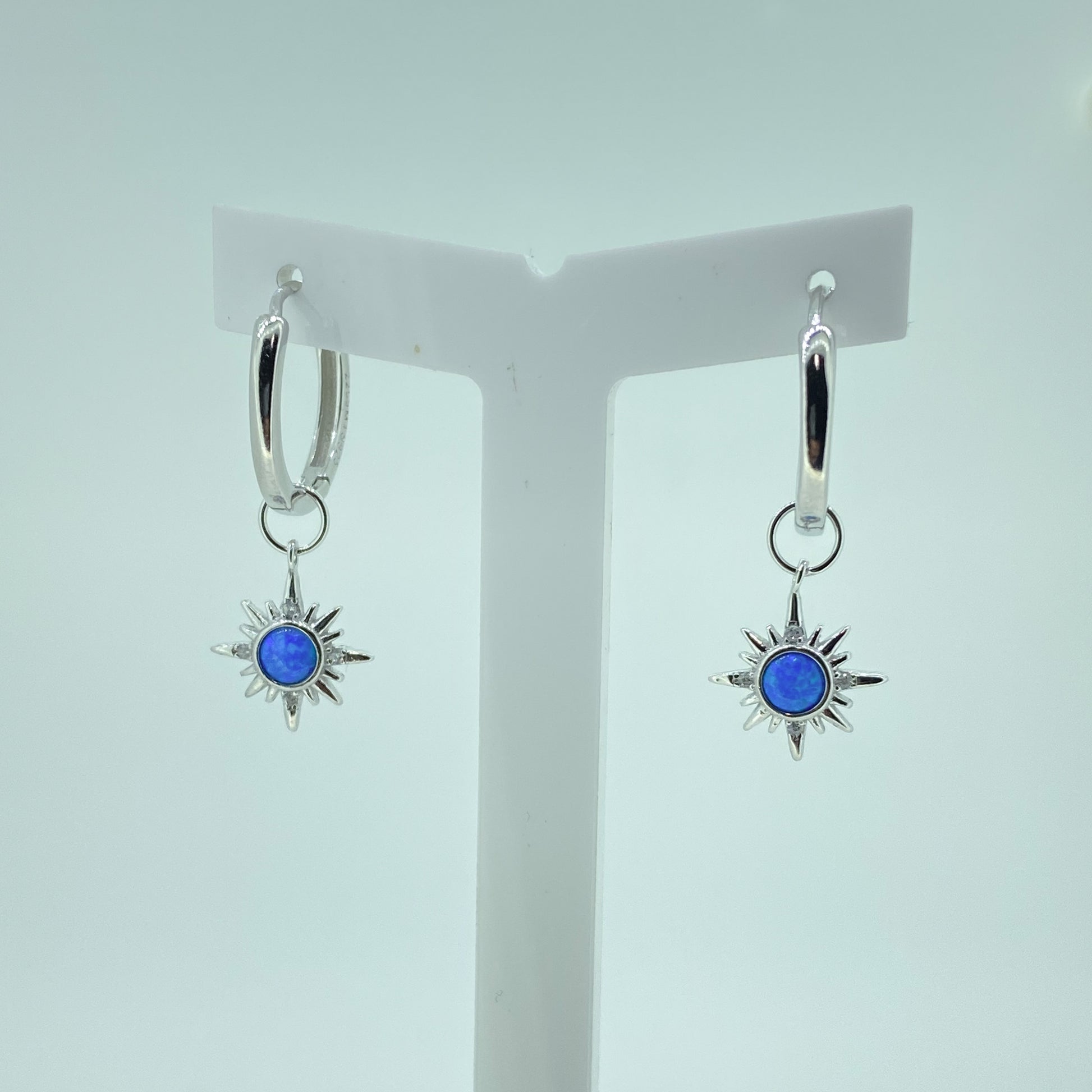 Silver Blue Opalique Star Charm Hoop Earrings - John Ross Jewellers