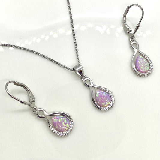 Silver Pear Pink Opalique Earring and Necklace Set - John Ross Jewellers