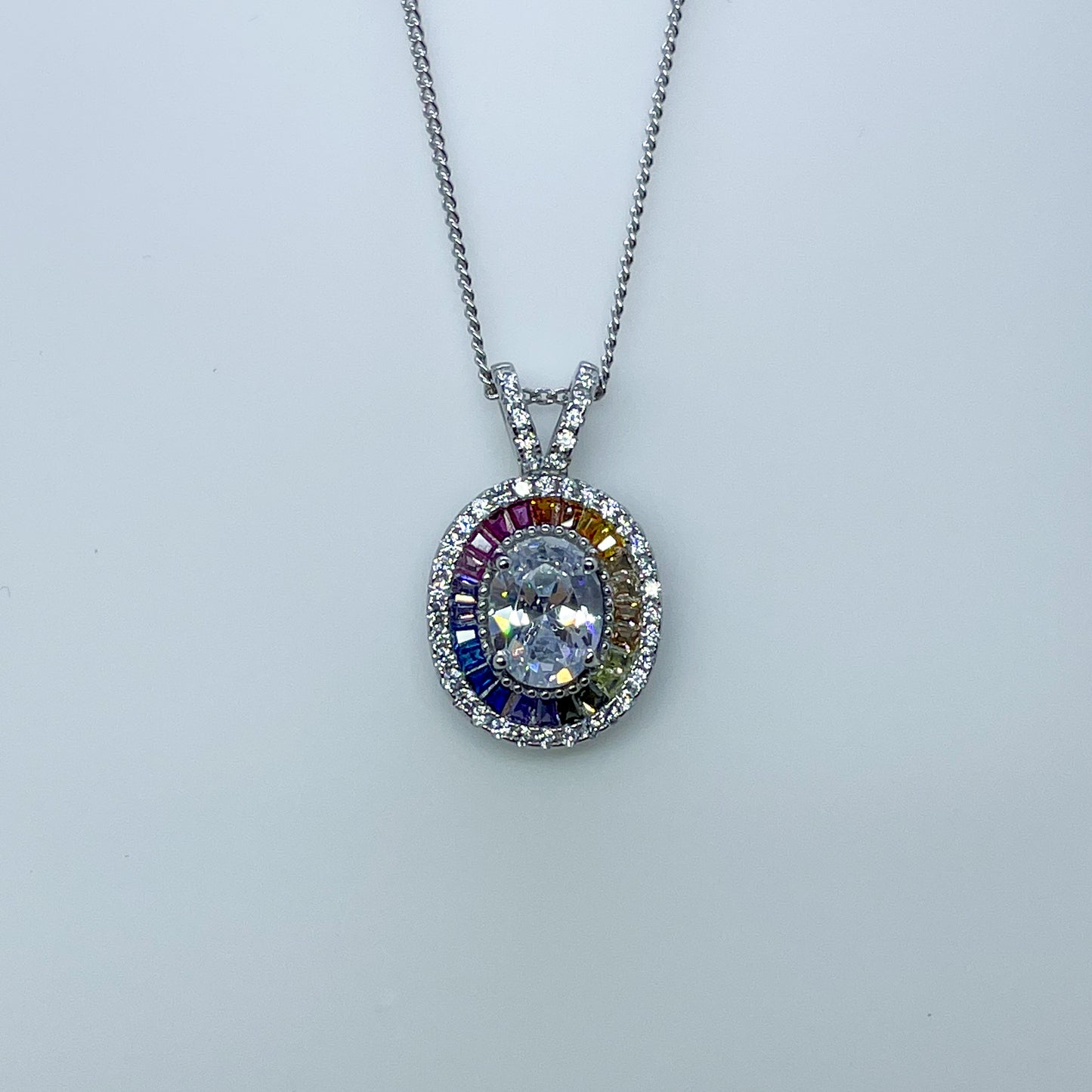 Silver Rainbow & CZ Halo Necklace - John Ross Jewellers